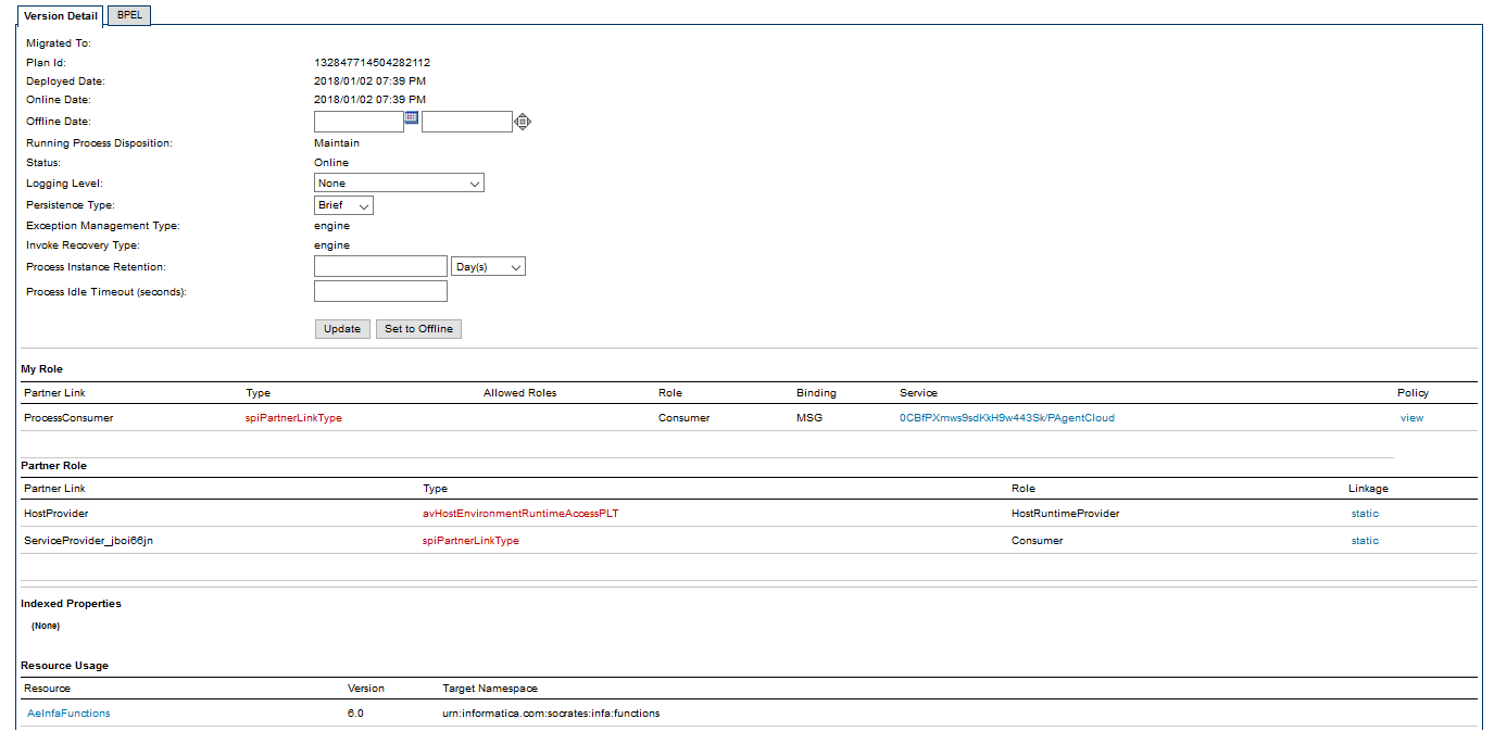 The Process Version page with version, role, indexed properties, and resource usage details shown.