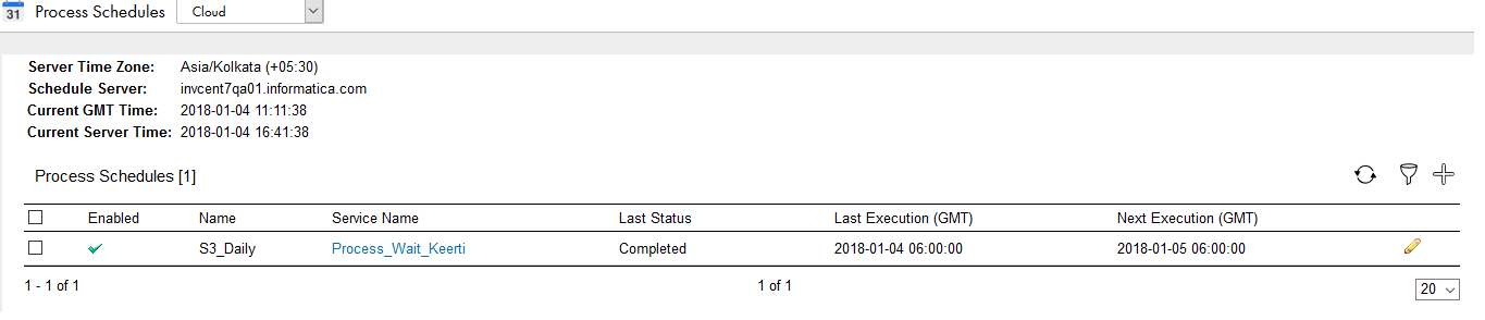 A Process Schedule page that shows one scheduled process.