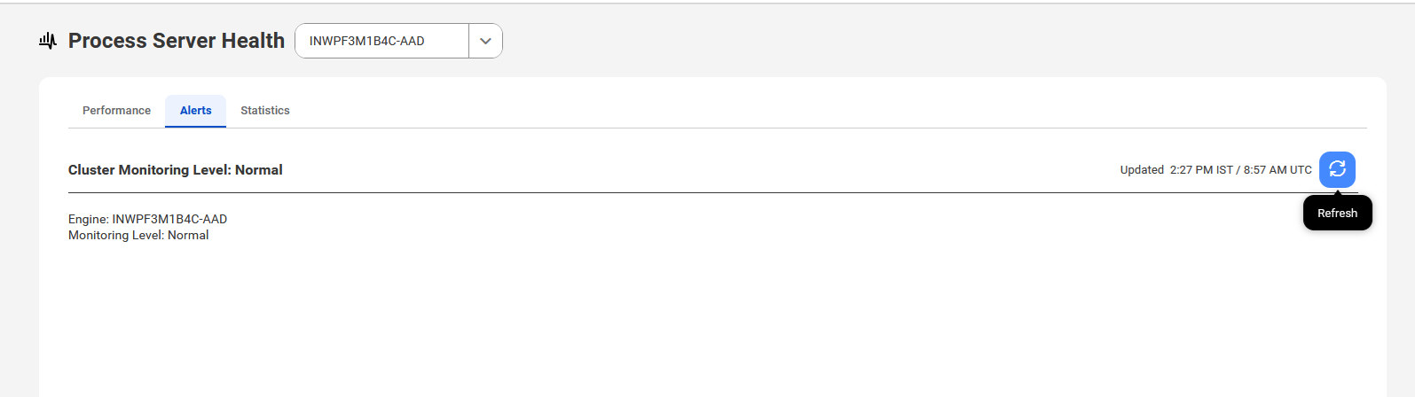 The image shows the Alerts tab on the Process Server Health page.