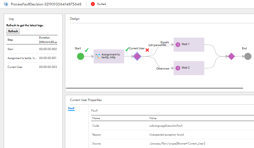 The image shows the Fault tab for a process that faulted at a Decision step.