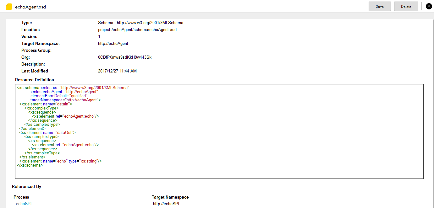 The resource detail page of a schema resource with details, XML source code, and process versions that reference this schema