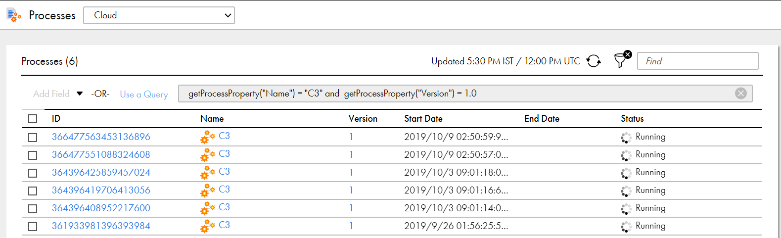 The image shows processes whose process name is C3 and whose version number is 1.