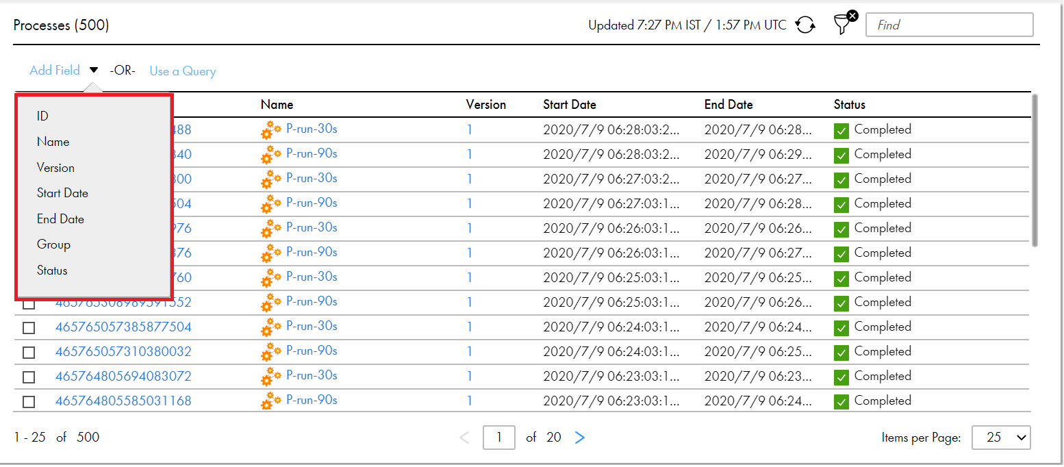 The image shows the fields based on which you can filter processes, namely, ID, Name, Version, Start Date, End Date, Group, and Status.