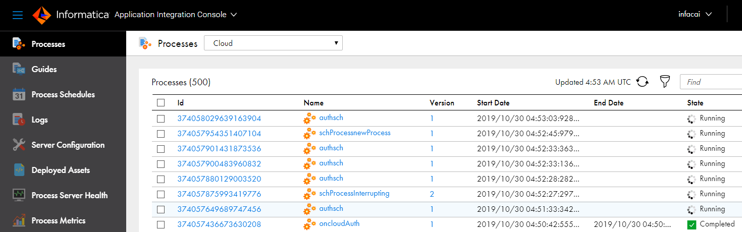 The Application Integration Console service home page with 8 tabs in the left navigation area.