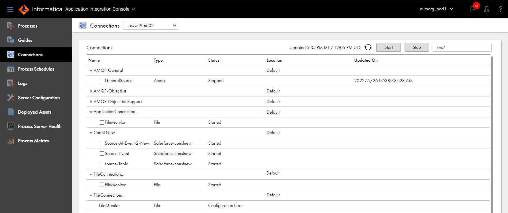 The image shows the Connections page with event sources. For each event source, you see the connection type, status, location, and last updated time.