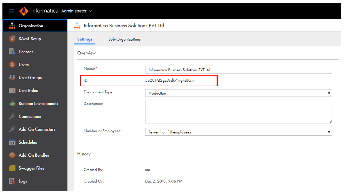 The image shows the Informatica Organization ID.