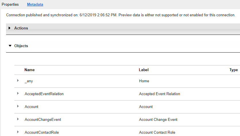 The image shows the Salesforce objects within the Metadata tab of a Salesforce connection.