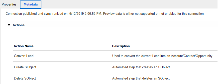 The image shows the Salesforce actions within the Metadata tab of a Salesforce connection.