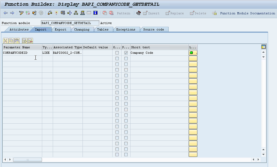 View the Import parameters for the BAPI function