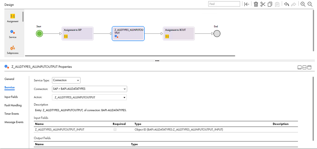 Configure the BAPI service call to use the SAP BAPI connection to access the BAPI_COMPANYCODE_GETDETAIL function in the SAP system.