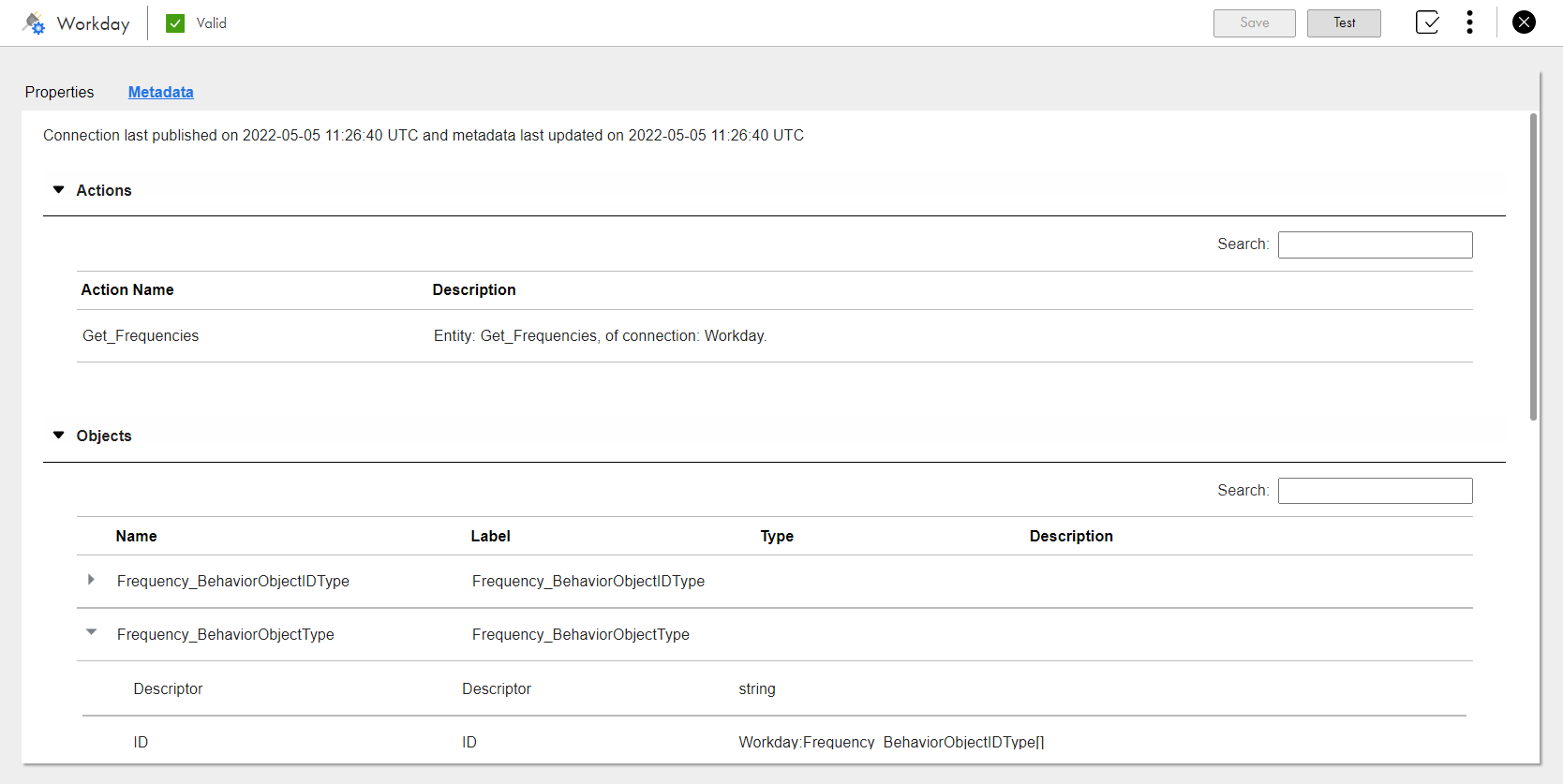 The image shows the Workday actions and objects within the Metadata tab of a Workday connection.