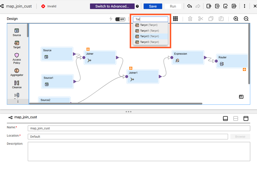 The Find transformation box is located in the Toolbar at the top of the mapping canvas. The Find transformation box contains a partial search string, "Tar", and displays four results for Target transformations. Target2 is highlighted.