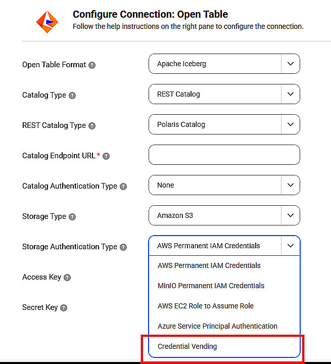 Credential vending option in the Authentication Types list.