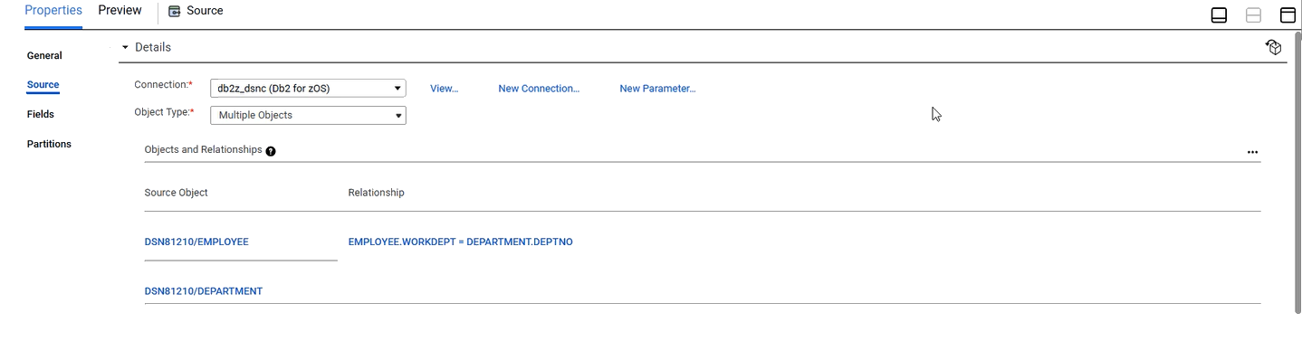 The joined EMPLOYEE and DEPARTMENT tables are listed under Source Object and the advanced relationship between them is shown under Relationship.