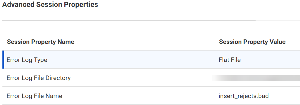 The configured advanced session properties in a mapping task for generating an error file.