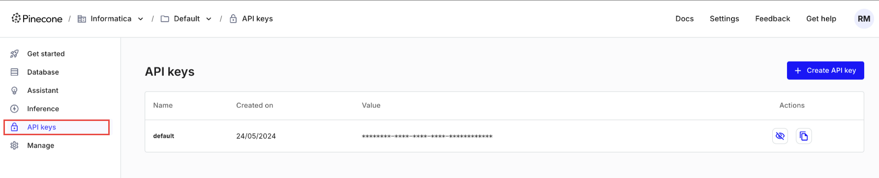 The image shows the API key in the Pinecone console. The image shows the API key in the Pinecone console.