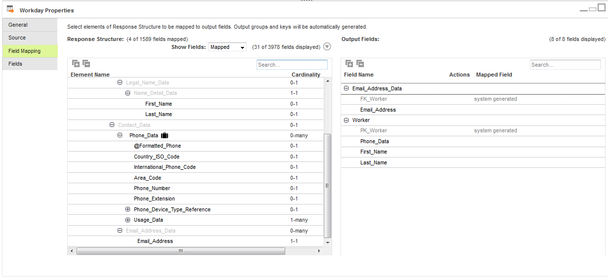 You can view the response structure and output fields in the Workday properties pane on the Field Mapping tab.