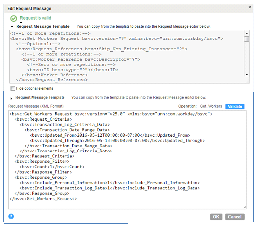 You can view the configured request elements for the Get_Workers operation in the Request Message editor.