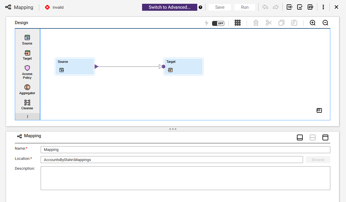 The Mapping Designer includes the mapping canvas, where you build your mapping, and the Properties panel, where you set properties for the mapping and each of the transformations in the mapping.