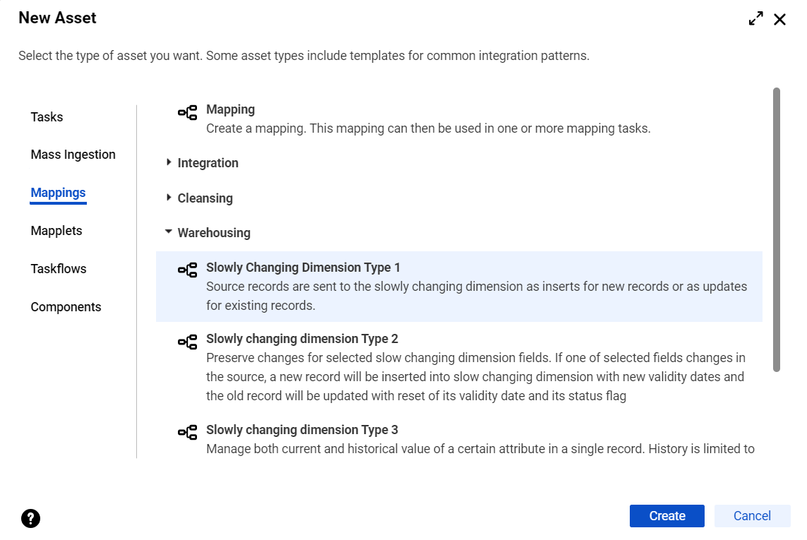 Mapping templates appear on the Mappings tab of the New Asset dialog box. In this image, the Warehousing category is open, and the Slowly Changing Dimension Type 1 mapping template is selected.