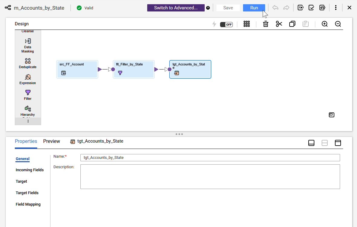 The mapping canvas shows a complete mapping with the Source, Filter, and Target transformations. When the mapping is valid, you can click Run.