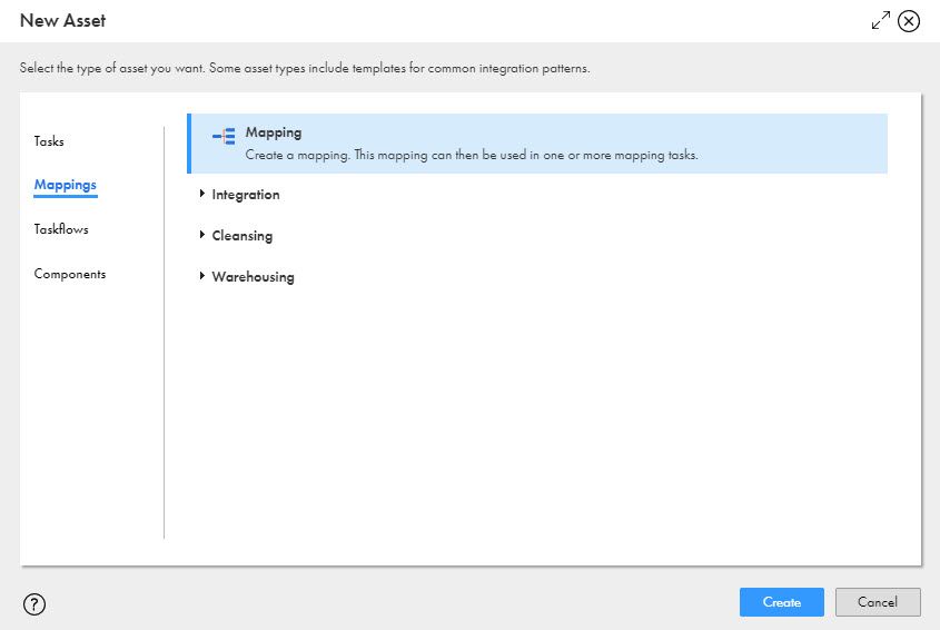 In the New Assets dialog box, you can click Mapping to create a new mapping or you can select a template.