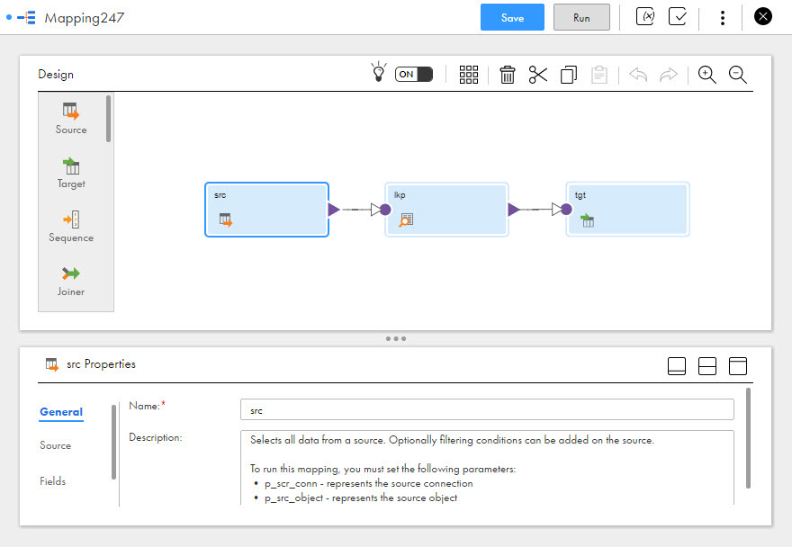 The mapping contains a Source, Lookup, and Target transformation. In this image, the Source transformation is selected. The Source transformation General properties contains a description of the transformation and lists the source parameters you need to set to run the mapping.