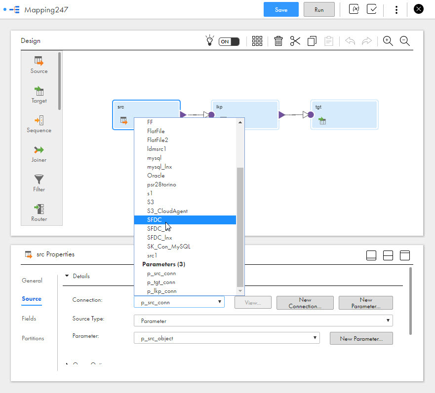 The image shows the Connection drop-down list on the Source tab. The connection "SFDC" is selected.