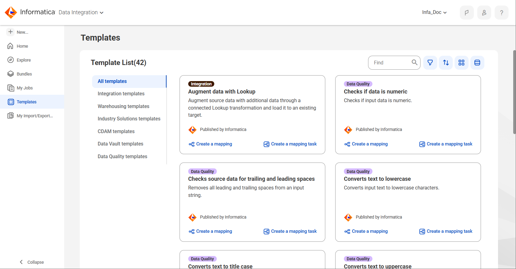 Mapping templates are available on the Templates page. In this image, the All templates tab is open and shows four templates. The page also has tabs for the different categories of templates including Integration, Warehousing, and Data Vault. Each template has an option to create a mapping task or a mapping based on the template.