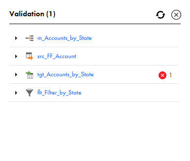 The Validation panel lists the mapping, Source transformation, Target transformation, and Filter transformation. An error icon displays next to the Target transformation.