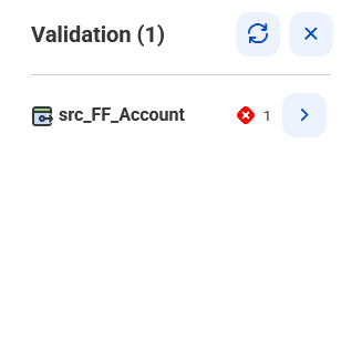The Validation panel lists Source transformation, src_FF_Account, with an error icon.