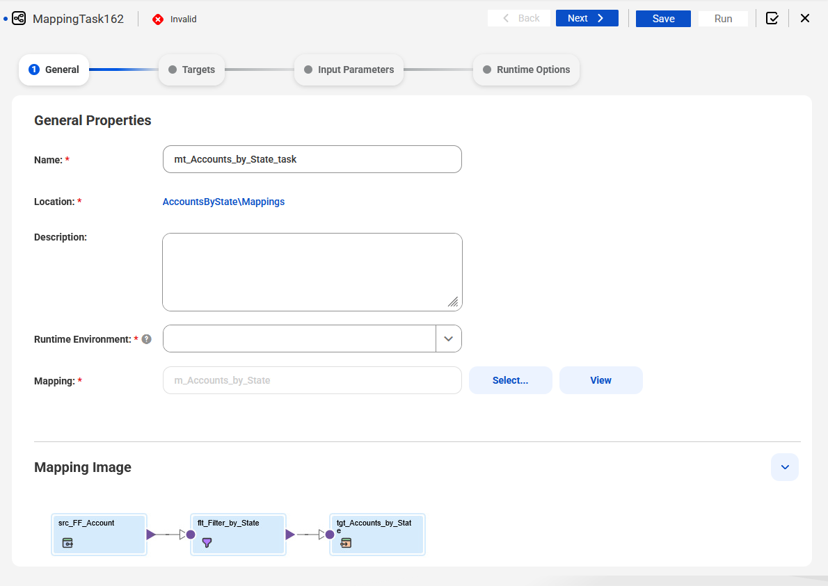On the General Properties page, you specify task details and select the runtime environment. You can also specify the mapping to use for the task. The page displays an image of the mapping that you specify.