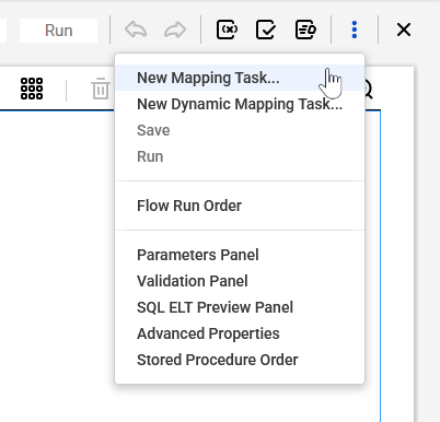 The Actions menu includes options to create a New Mapping Task, Save, Run, view the Parameters Panel, and view the Validation Panel, among other options.