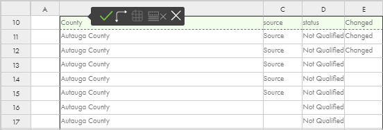 The image shows the input data panel with one selected header row in green and the menu that you use to edit the table.