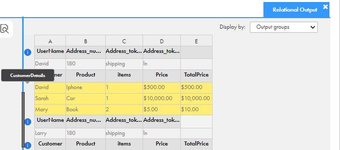 The Relational Output tab shows four output groups. One group is highlighted and a text bubble shows the group name, CustomerDetails.