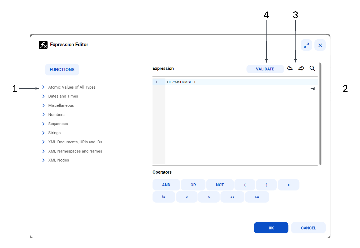 XPath expression editor that includes a list of functions, the expression to edit, undo and redo buttons, and a Validate button.