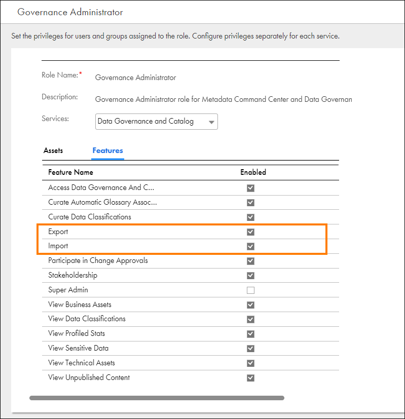 Image depicting the feature privileges enabled for the Governance Administrator role, with the Export and Import features highlighted.