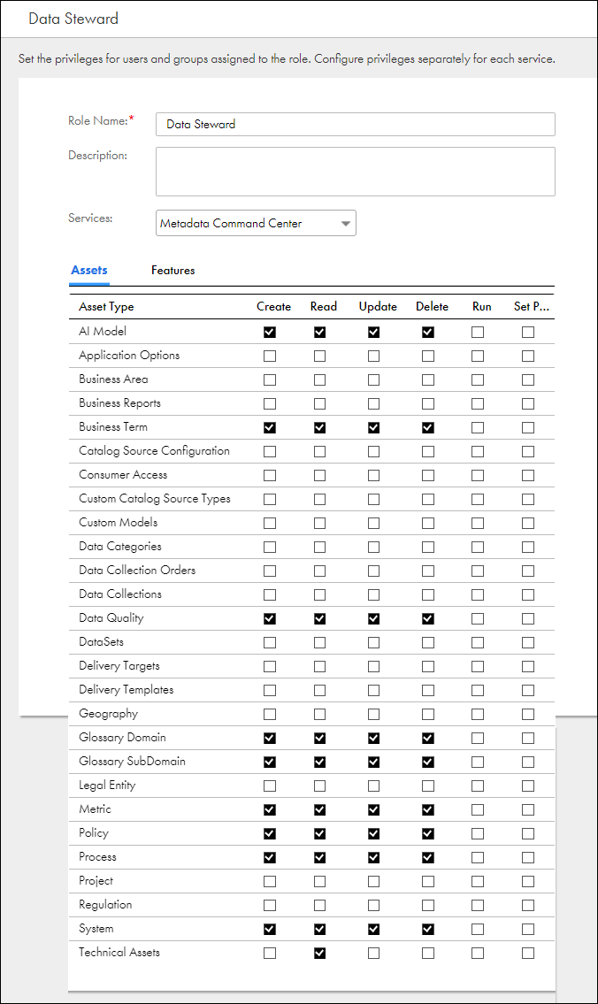Image depicting the asset privileges enabled for an example user role in the service.Metadata Command Center