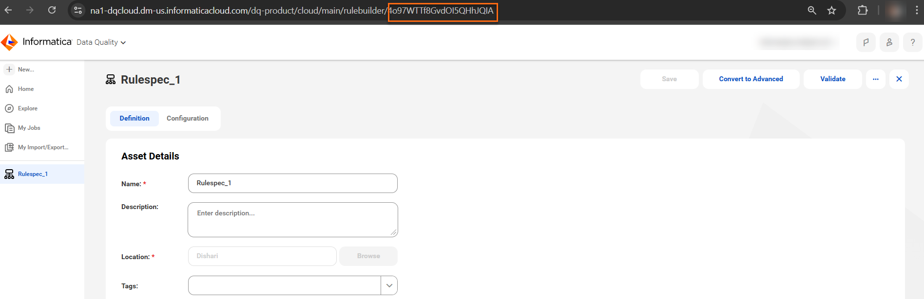 Image depicting the internal ID for a rule specification in Informatica Cloud Data Quality.
