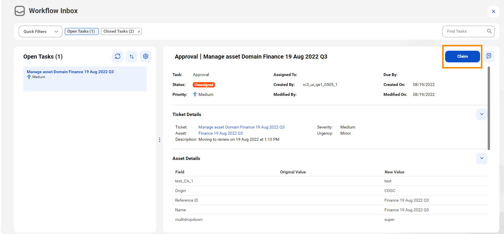 Image depicting the Claim button in the Open Tasks tab that displays the ticket for an asset.