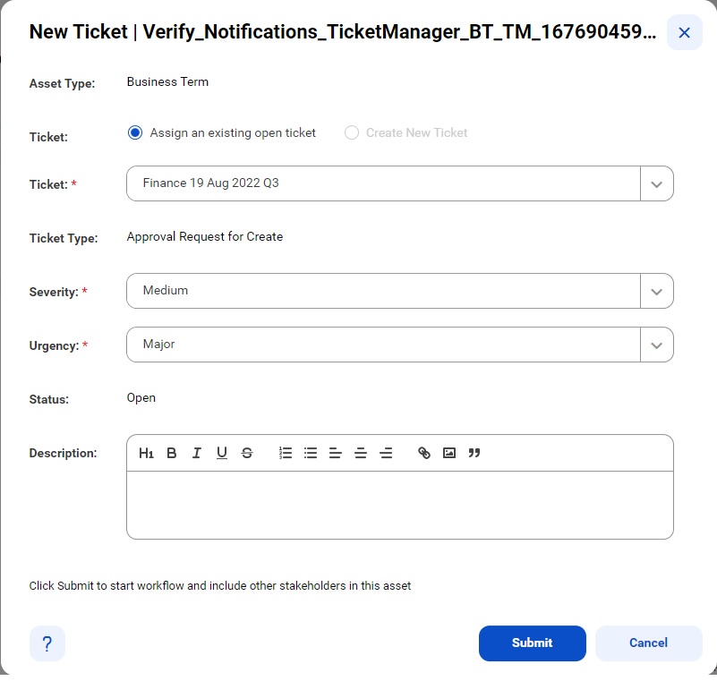 Image depicting the New Ticket dialog box for an existing ticket.