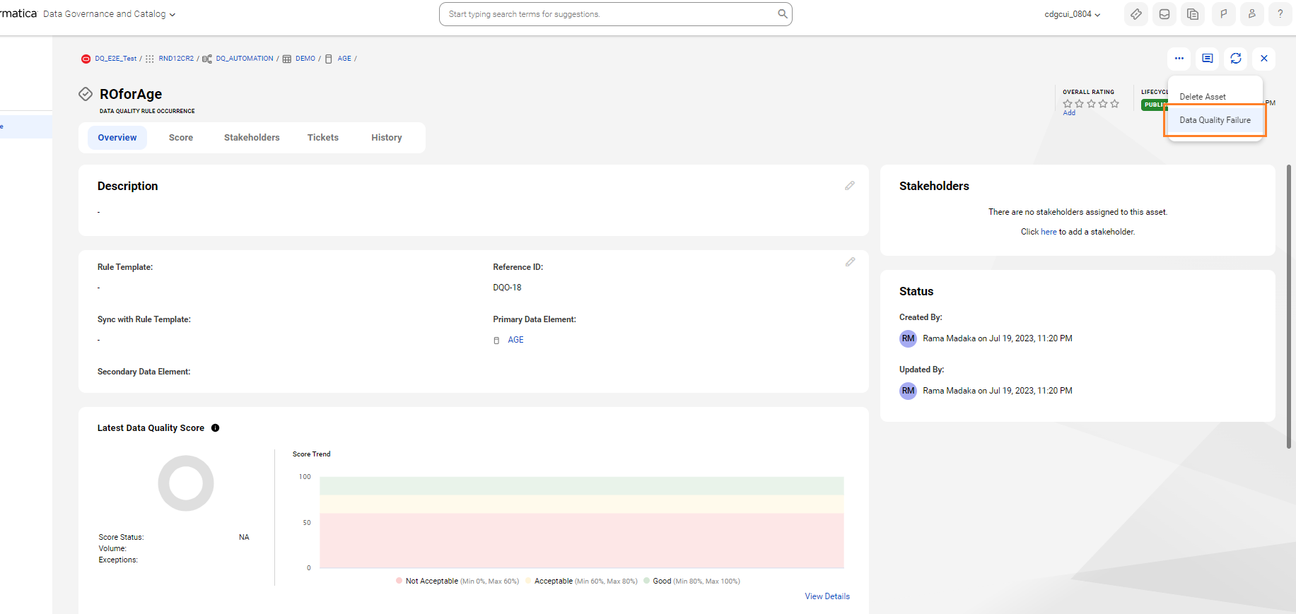 Image depicting Data Quality Failure ticket creation from the rule occurrences page.