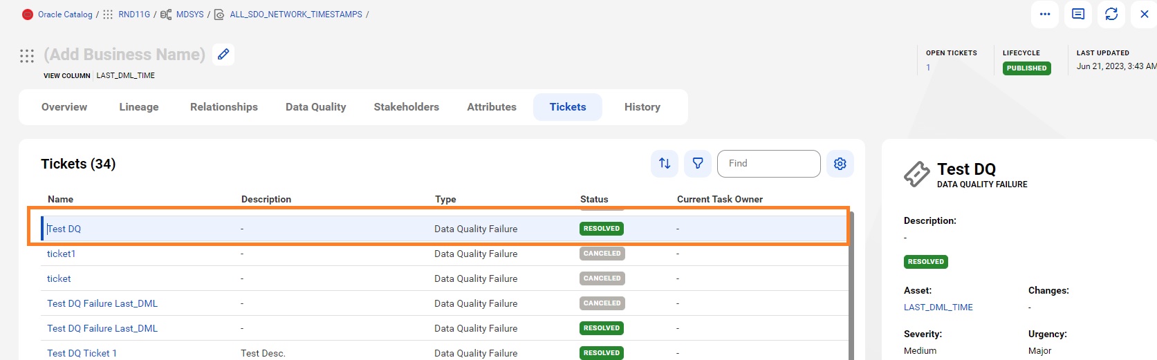 Image depicting the Data Quality Failure ticket in the tab.Tickets