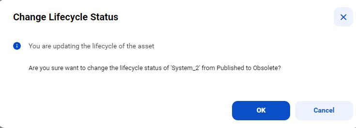 Image depicting 'Change Lifecycle Status' dialog box from Obsolete to Published.