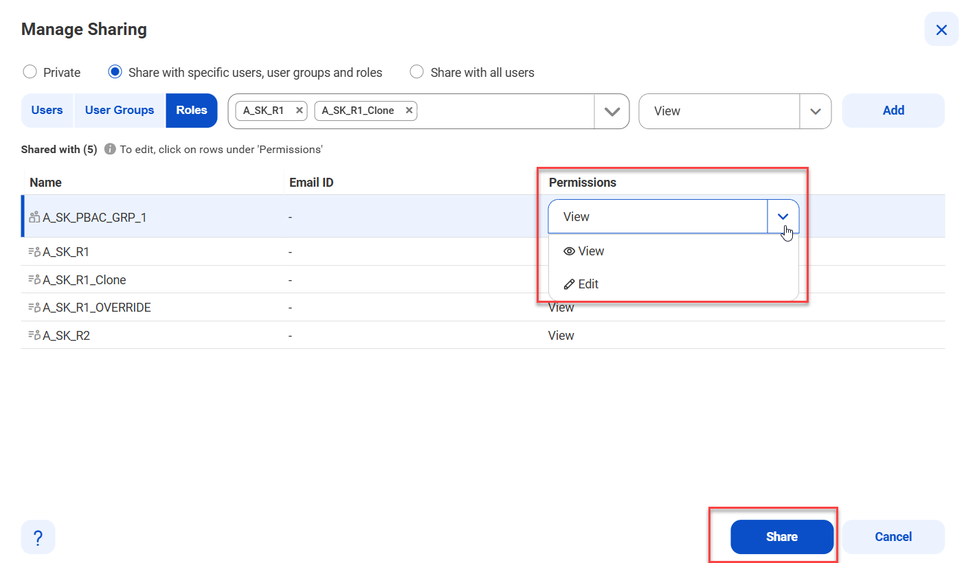 The image depicts the Permission values and Share option.