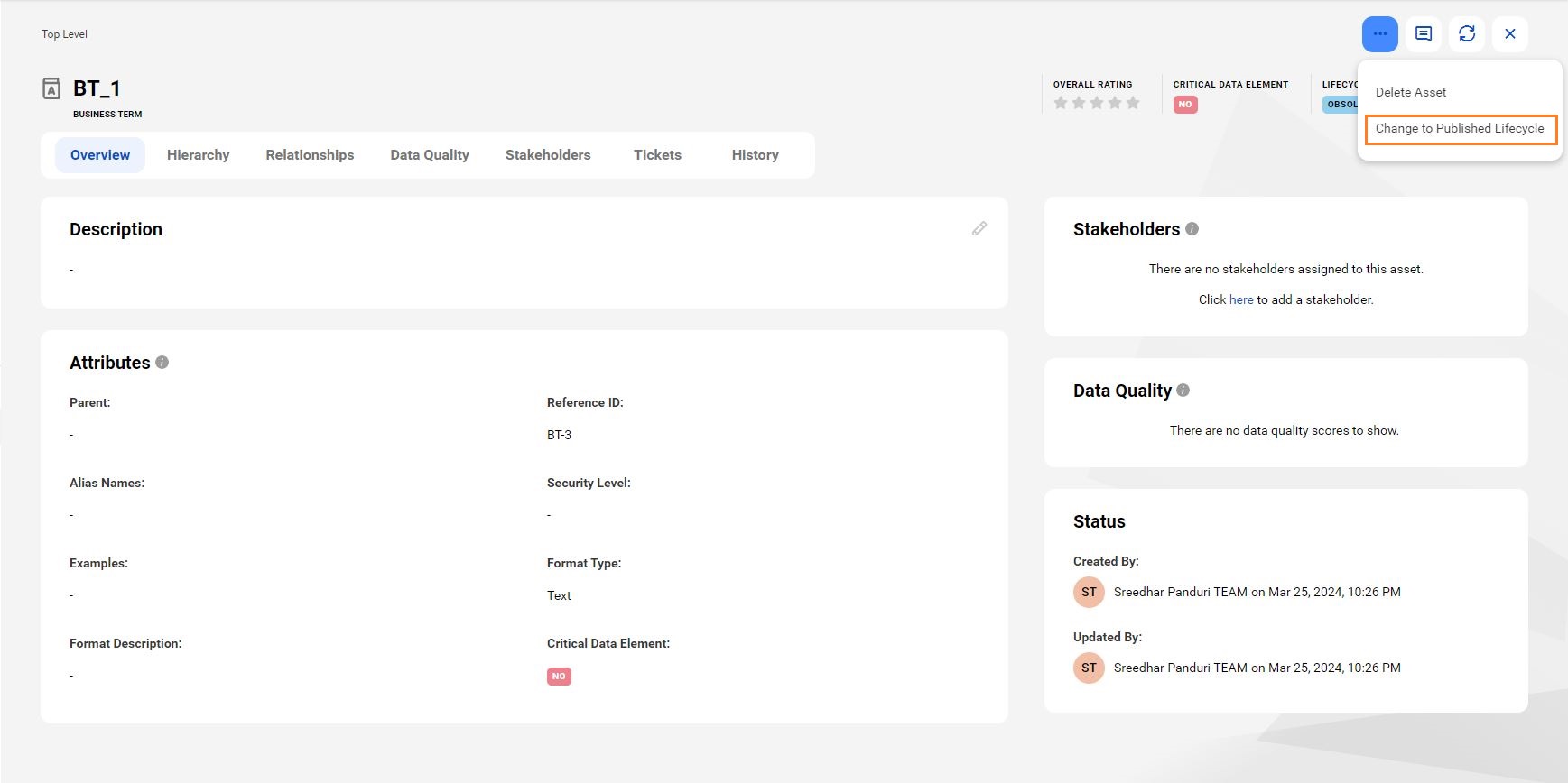 Image depicting 'Change to Published Lifecycle' option.