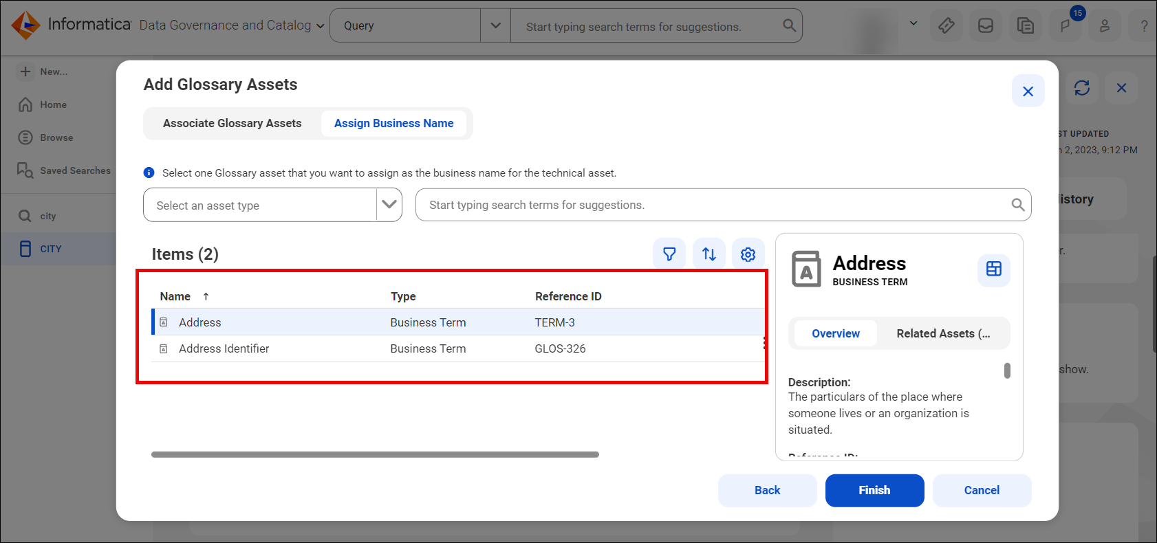 Image depicting the Add Glossary Assets dialog box highlighting the option to assign the business name and description of the selected glossary to the technical asset.