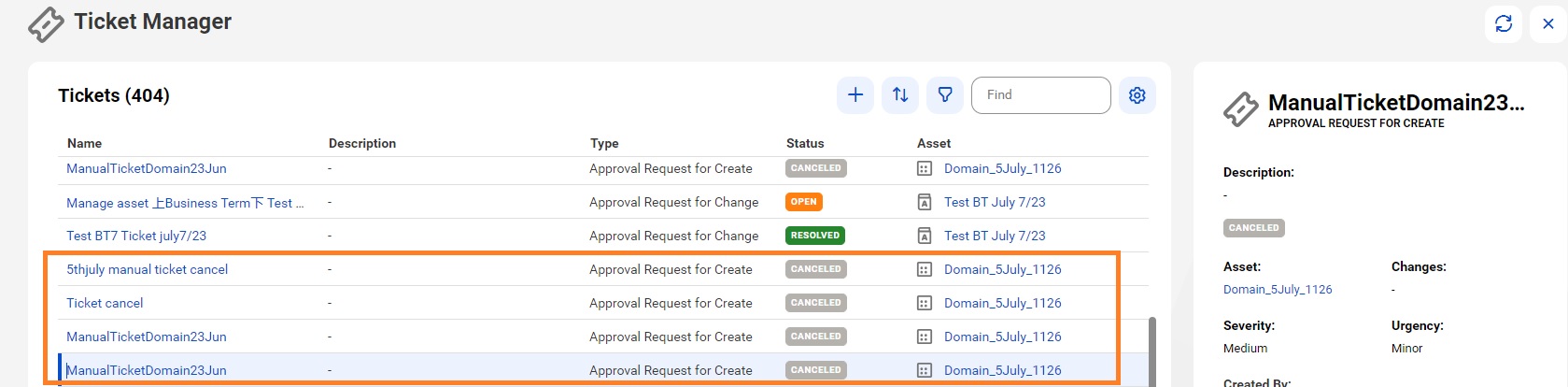 Image depicting the canceled tickets in the Ticket Manager page.