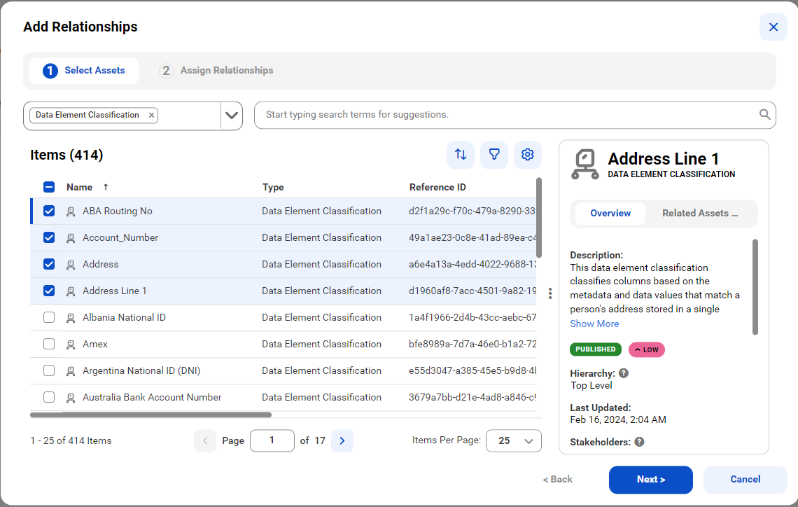 Image depicting the Add Relationships wizard. Four assets are selected.