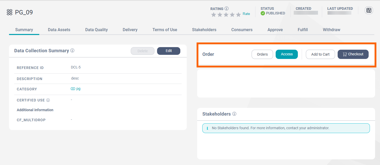 The Summary tab is selected on the details page of a sample data collection. The Order section is highlighted.
